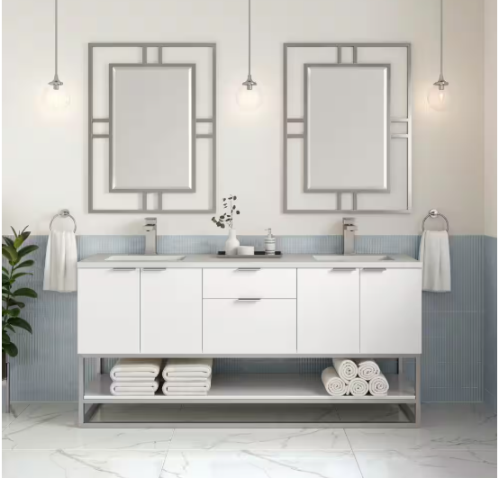 Brearly 72" Double Sink Freestanding Bath Vanity in Glossy White with Pietra Gray Quartz Top